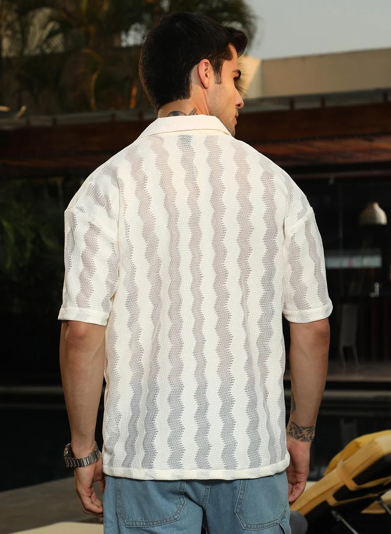 Campus Sutra Campus Sutra Men's Off-White Swirl Open-Knit Resort Shirt For Casual Wear | Cuban Collar | Short Regular Sleeves | Button Closure | Oversized Shirt Crafted With Comfort Fit For Everyday Wear