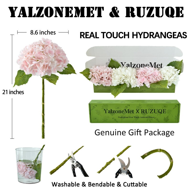 YalzoneMet RUZUQE 4 Pcs Hydrangea Artificial Flower 2 White + 2 Pink 21'' Long Stem Lifelike Real Touch YalzoneMet Hydrangea Latex for Home Kitchen Decoration Bridal Bouquet Wedding Outdoor Decor - Image 2