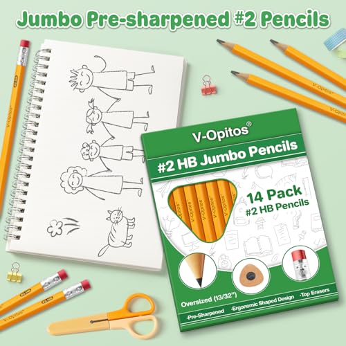 V-Opitos Jumbo #2 HB Pencils - 14 Pack Triangle Pre-sharpened Wood-Cased Pencils with Top Erasers for Kids, Ideal for Home, Kindergarten, School Classroom - Image 2