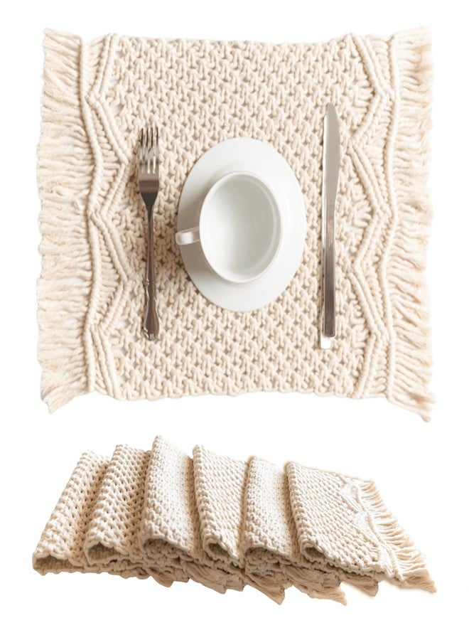 SnugLife Macrame Placemats Set of 6 - Handmade Cotton Woven Boho Placemats - Modern Farmhouse Fringe Placemats for Dining Table, Kitchen, Bohemian Wedding Décor, Rustic Natural Off White, 12”x20” - Image 1