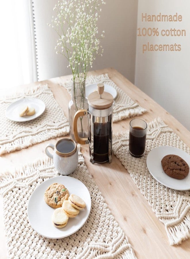 SnugLife Macrame Placemats Set of 6 - Handmade Cotton Woven Boho Placemats - Modern Farmhouse Fringe Placemats for Dining Table, Kitchen, Bohemian Wedding Décor, Rustic Natural Off White, 12”x20” - Image 2