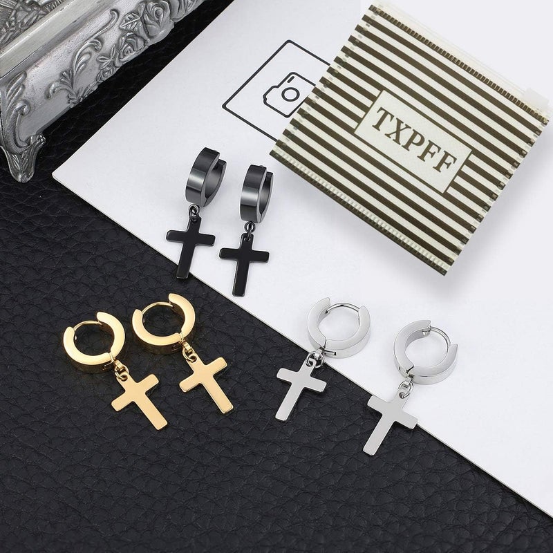 TXPFF Store Men Women Stainless Steel Cross Earrings Set Dangle Hinged Earrings of Dangle Hinged Earrings Cross hoop Earrings - Image 3