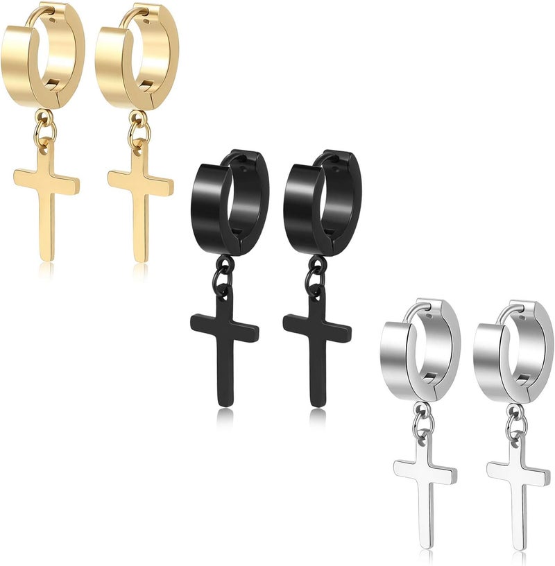 TXPFF Store Men Women Stainless Steel Cross Earrings Set Dangle Hinged Earrings of Dangle Hinged Earrings Cross hoop Earrings - Image 1