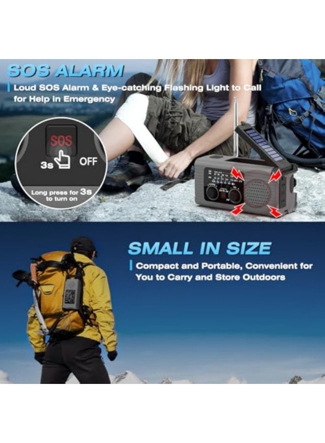 Arabest Emergency Weather Radio, 2000mAh Solar Hand Crank AM/FM/NOAA Portable Radio with Phone Charger, LED Flashlight, Reading Lamp & SOS Alarm, Grey - Image 5