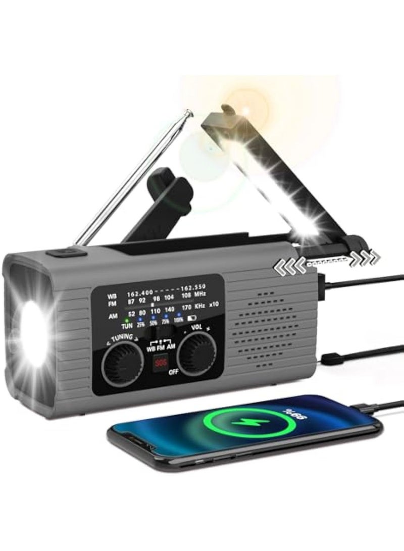 Arabest Emergency Weather Radio, 2000mAh Solar Hand Crank AM/FM/NOAA Portable Radio with Phone Charger, LED Flashlight, Reading Lamp & SOS Alarm, Grey - Image 1