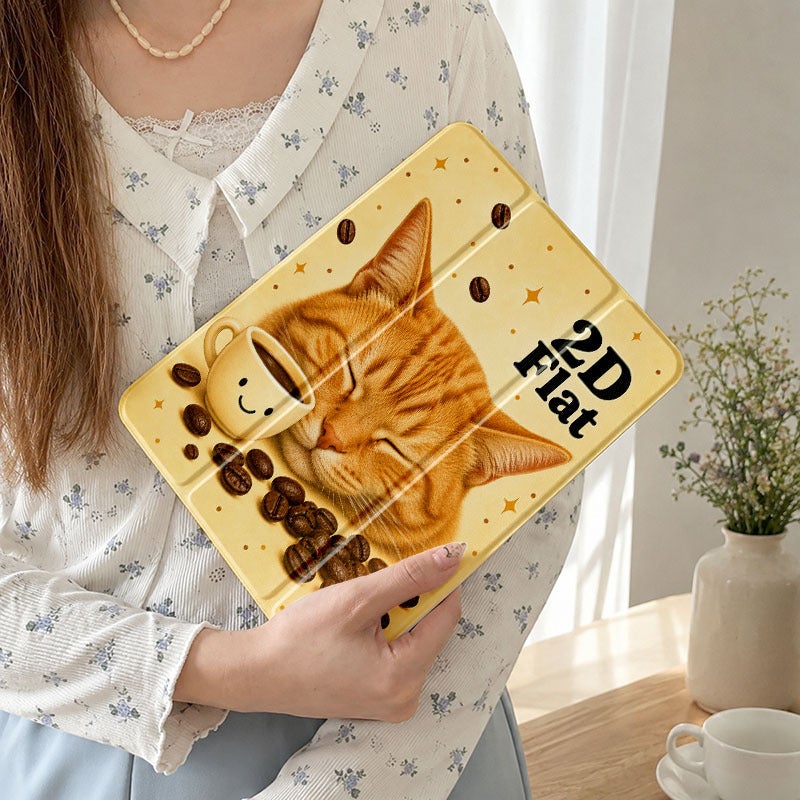 Tablet Case for iPad, Sleepy Orange Cat Coffee Cup, iPad Cover for Mini Air Pro 4 5 6 7 8 9 10 11 12, Compatible with 7.9 8.3 9.7 10.2 10.5 10.9 11 12.9 13 inch Slim Clear Protective Cover with Stand for Women - Image 1