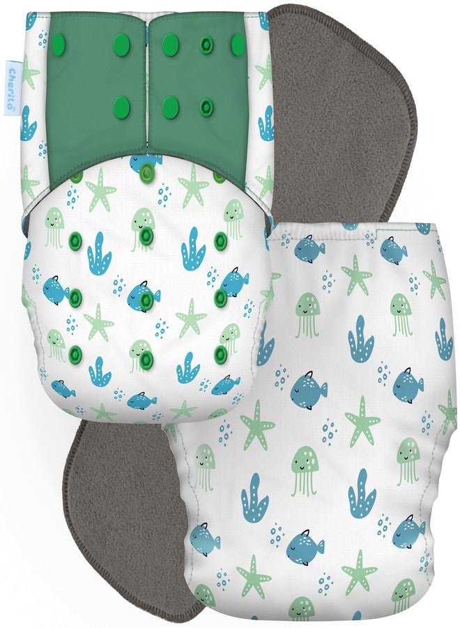 Cherilo حفاضات شيريلو القماشية القابلة لإعادة الاستخدام للأطفال حديثي الولادة من عمر 0 إلى 3 سنوات، مانعة للتسرب، حفاضات قماشية قابلة للغسل، لا تسرب جانبي، حفاضات جيب قابلة للتعديل بمقاس حر (حفاضة واحدة بنمط عالم البحار + حشوة واحدة) - Image 1