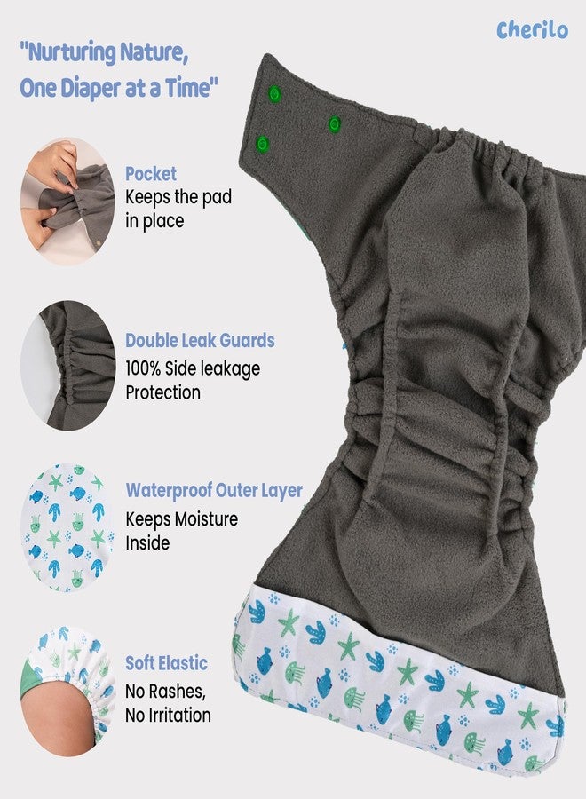 Cherilo حفاضات شيريلو القماشية القابلة لإعادة الاستخدام للأطفال حديثي الولادة من عمر 0 إلى 3 سنوات، مانعة للتسرب، حفاضات قماشية قابلة للغسل، لا تسرب جانبي، حفاضات جيب قابلة للتعديل بمقاس حر (حفاضة واحدة بنمط عالم البحار + حشوة واحدة) - Image 4