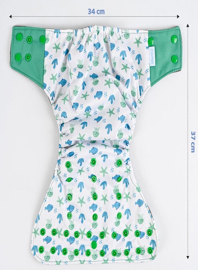 Cherilo حفاضات شيريلو القماشية القابلة لإعادة الاستخدام للأطفال حديثي الولادة من عمر 0 إلى 3 سنوات، مانعة للتسرب، حفاضات قماشية قابلة للغسل، لا تسرب جانبي، حفاضات جيب قابلة للتعديل بمقاس حر (حفاضة واحدة بنمط عالم البحار + حشوة واحدة) - Image 2