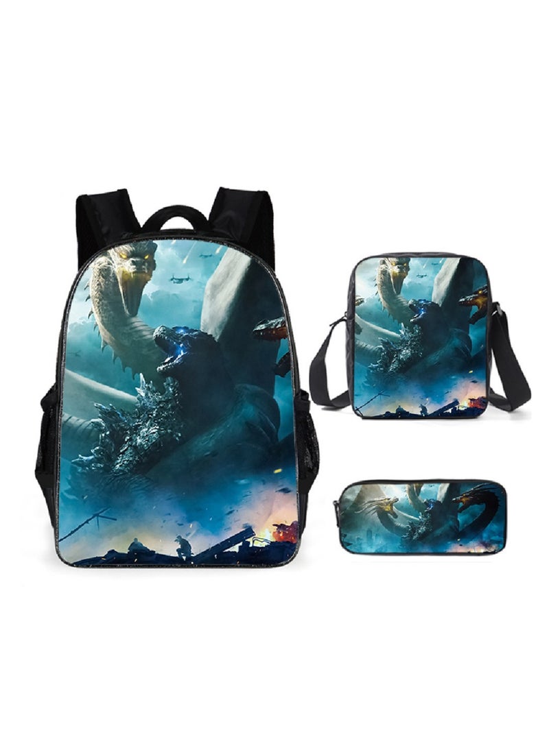 Godzilla Children's leisure load reducing large capacity printed backpack for elementary school students, 3-piece set - Image 1