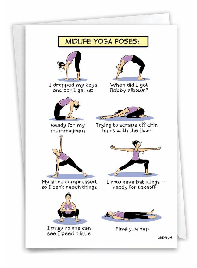 NobleWorks - 1 Funny Women's Birthday Card with Envelope - Cartoon Humor, Stationery Bday Celebration Card for Wife, Women - Midlife Yoga Poses C7312BDG - Image 1