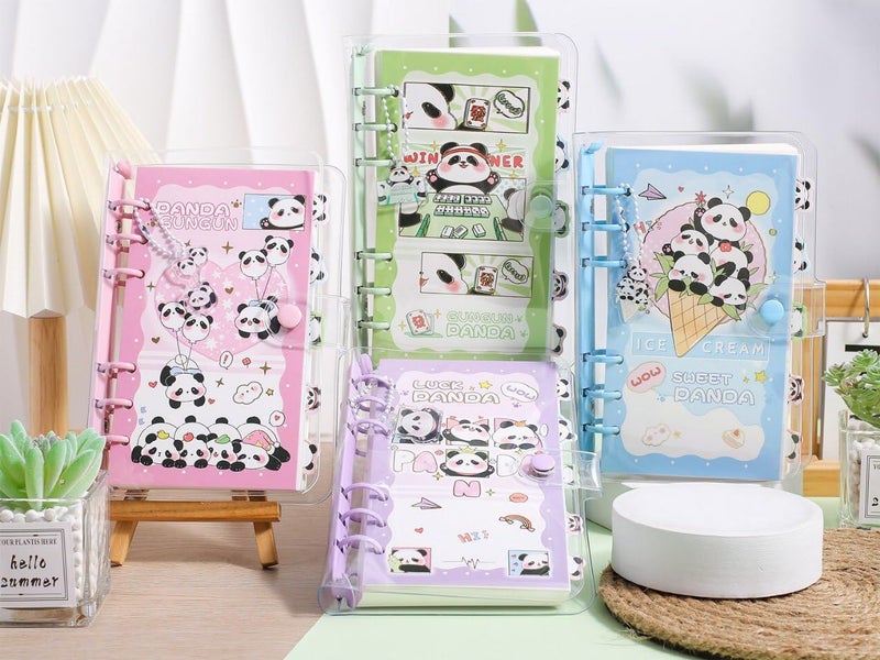 SWOPPERRY Korean Stationery Mini Transparent 3-Hole Binder Spiral Diary Notebook – Cute Kawaii Portable Journal Notebook Agenda for Girls & Students (80+ Pages) (gungun panda) - Image 4