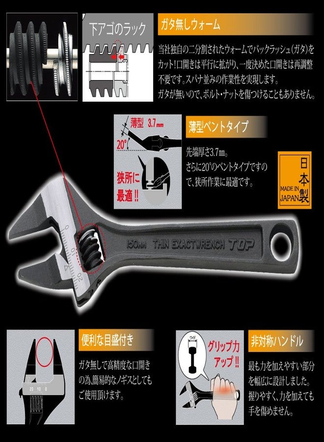 TOP HT-150B Thin Exact Wrench, Vent Type, Tip 0.1 inches (3.7 mm), 20° Angle, Mouth Opening 0 - 0.8 inches (0 - 20 mm), Tsubamesanjo, Made in Japan - Image 3