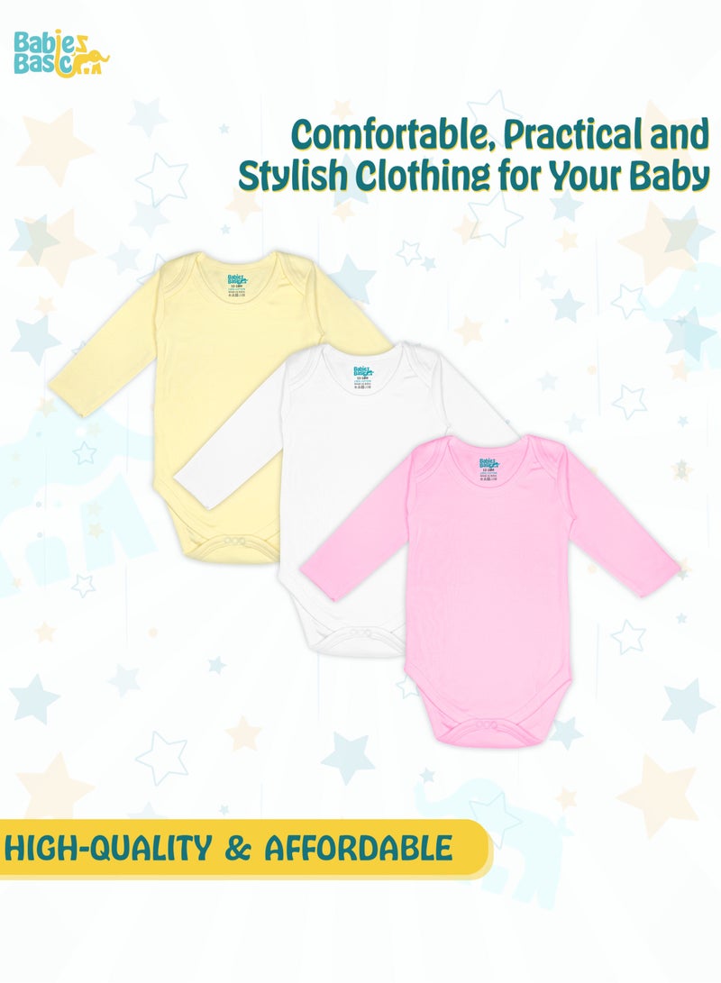 Babies Basic 100% Super Soft Cotton, Long Sleeves Romper/Bodysuit, For New Born To 24Months, Set Of 3 - Pink, Lemon, Cream  - Image 2
