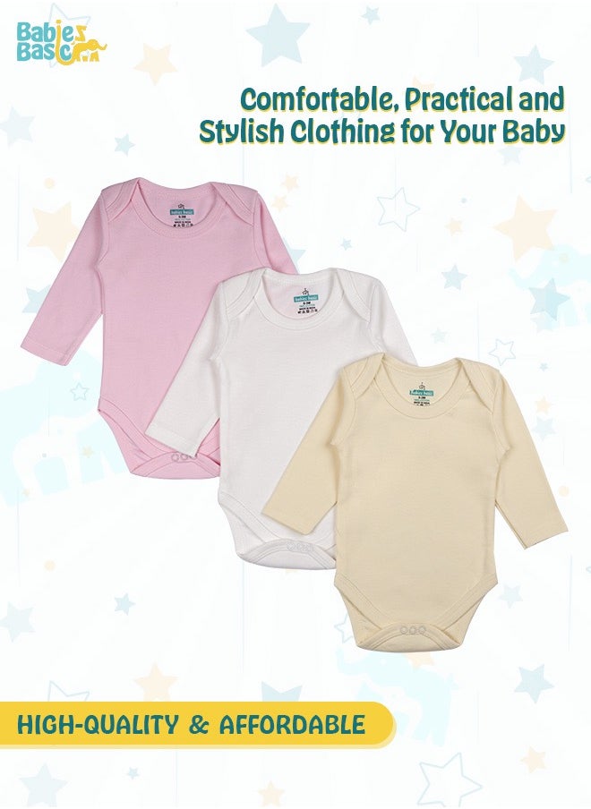 Babies Basic 100% Super Soft Cotton, Long Sleeves Romper/Bodysuit, For New Born To 24Months, Set Of 3 - Pink, Lemon, Cream  - Image 2