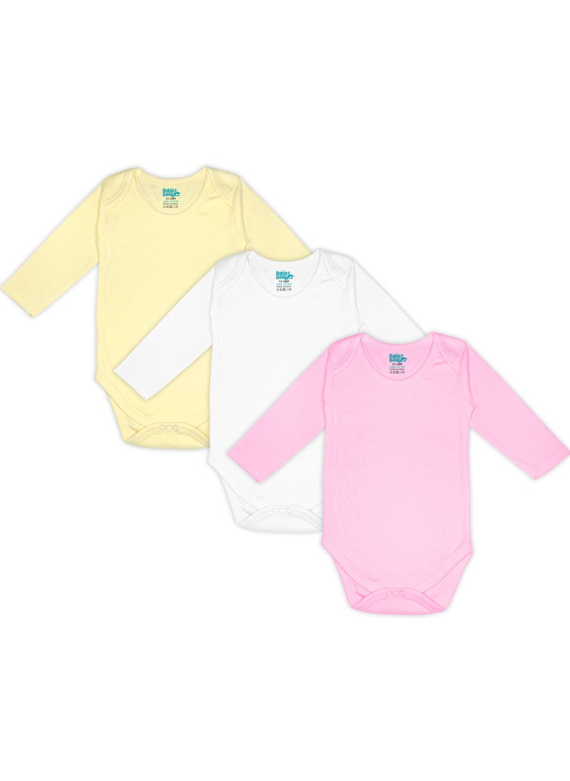 Babies Basic 100% Super Soft Cotton, Long Sleeves Romper/Bodysuit, For New Born To 24Months, Set Of 3 - Pink, Lemon, Cream  - Image 1