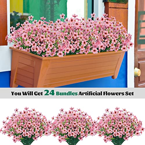 Lnoicy 24 Pcs Artificial Flowers for Outdoor,Plastic Flowers Decoration, UV Resistant Faux Flowers Shrubs, Artificial Plants for Indoor Outside Garden Home Wedding Farmhouse(Pink) - Image 3