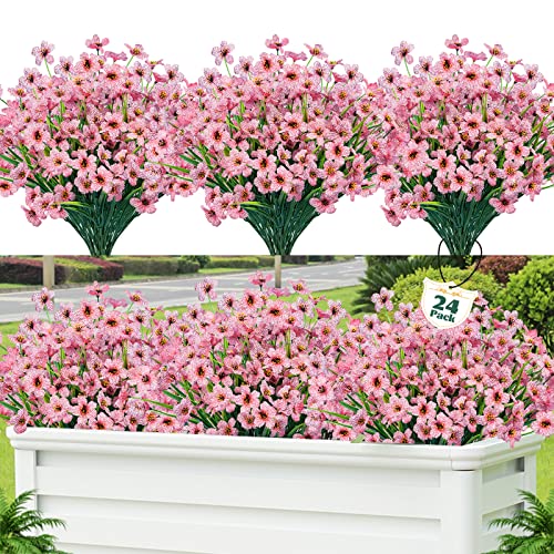 Lnoicy 24 Pcs Artificial Flowers for Outdoor,Plastic Flowers Decoration, UV Resistant Faux Flowers Shrubs, Artificial Plants for Indoor Outside Garden Home Wedding Farmhouse(Pink) - Image 1