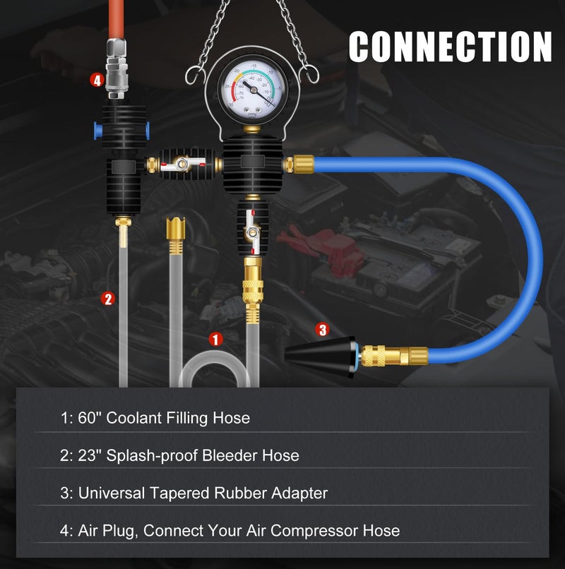 JIFETOR Cooling System Vacuum Purge Radiator Coolant Refill Tool Kit, Universal Automotive Water Tank Pneumatic Vacuum Antifreeze Change Filler Set, with Adapter Case Hose for Car Van SUV Truck - Image 4