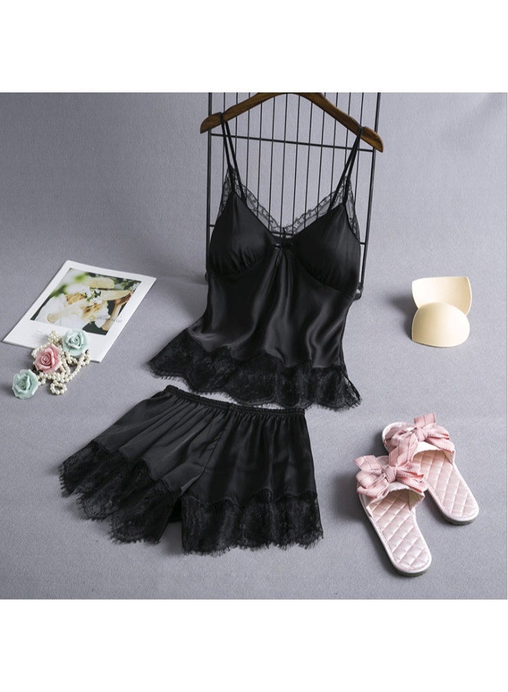 Women Pajama Set 2 Pieses Sleepwear Contrast Lace Nightgown Set With Camisole And Shorts