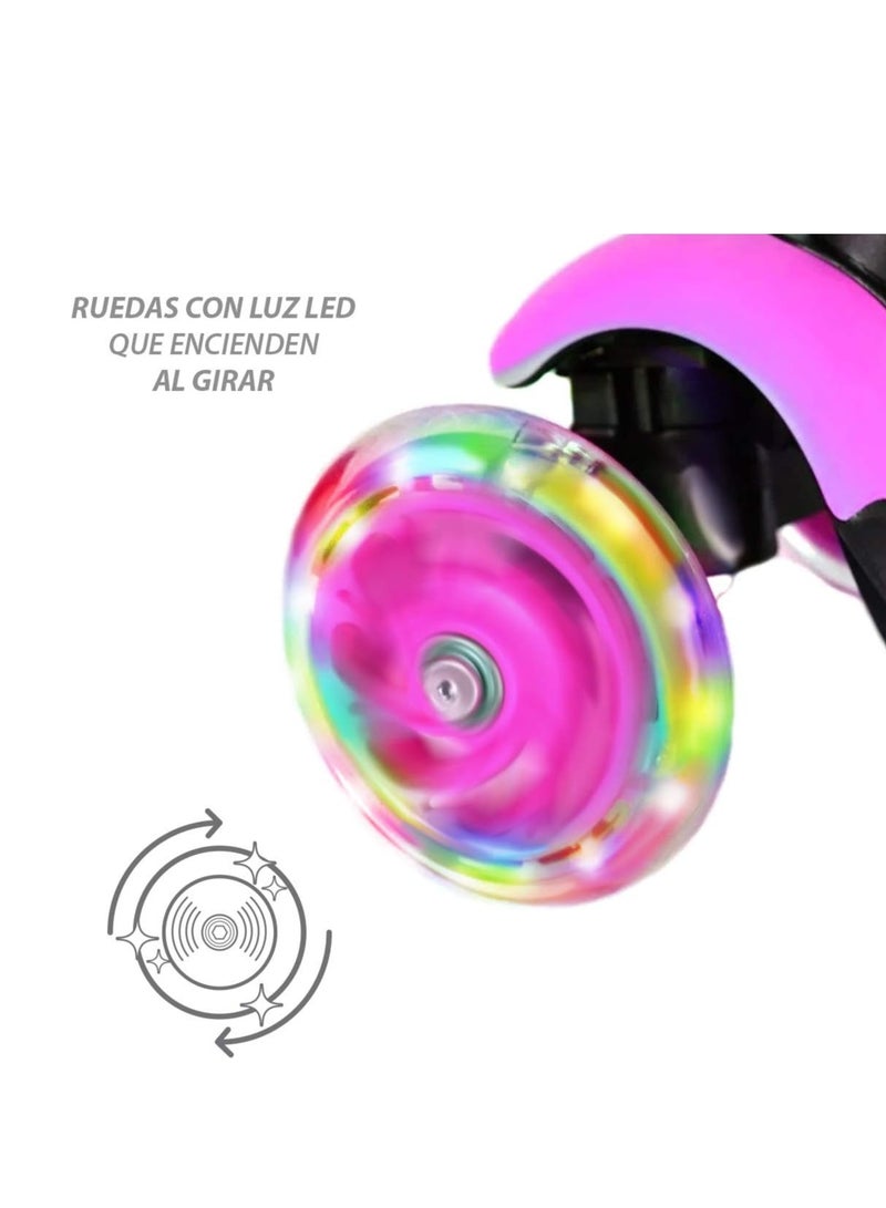 Three-wheeled children's scooter with folding seat and LED lighting - Ladybug Design - Pink color  - Image 3