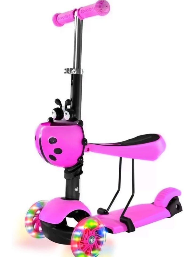 Three-wheeled children's scooter with folding seat and LED lighting - Ladybug Design - Pink color  - Image 1