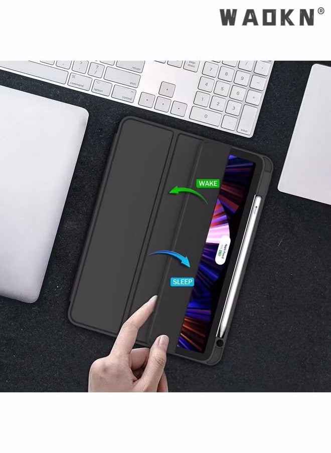 WAOKN - Case for iPad Pro 11 Inch (2022/2021/2020 Model) with Pencil Holder, Support 2nd Pencil Charging, Slim Tablet Cover with Soft TPU Back, Support Touch ID and Auto Wake/Sleep (Black) - Image 1