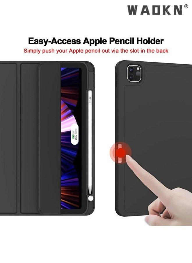 WAOKN - Case for iPad Pro 11 Inch (2022/2021/2020 Model) with Pencil Holder, Support 2nd Pencil Charging, Slim Tablet Cover with Soft TPU Back, Support Touch ID and Auto Wake/Sleep (Black) - Image 1