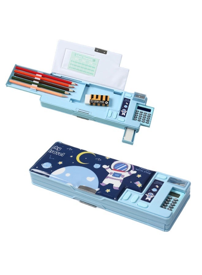 Pop Up Multifunction Pencil Case for Kids with Calculator and Sharpener, Large Capacity Stationery Organizer, Cute Astronaut Cartoon Pencil Box for Boys and Girls, School Supplies Gift (Blue) - Image 1