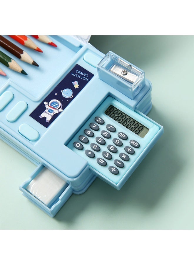 Pop Up Multifunction Pencil Case for Kids with Calculator and Sharpener, Large Capacity Stationery Organizer, Cute Astronaut Cartoon Pencil Box for Boys and Girls, School Supplies Gift (Blue) - Image 2