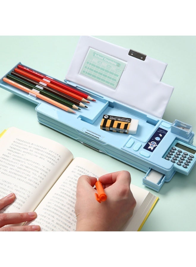 Pop Up Multifunction Pencil Case for Kids with Calculator and Sharpener, Large Capacity Stationery Organizer, Cute Astronaut Cartoon Pencil Box for Boys and Girls, School Supplies Gift (Blue) - Image 2