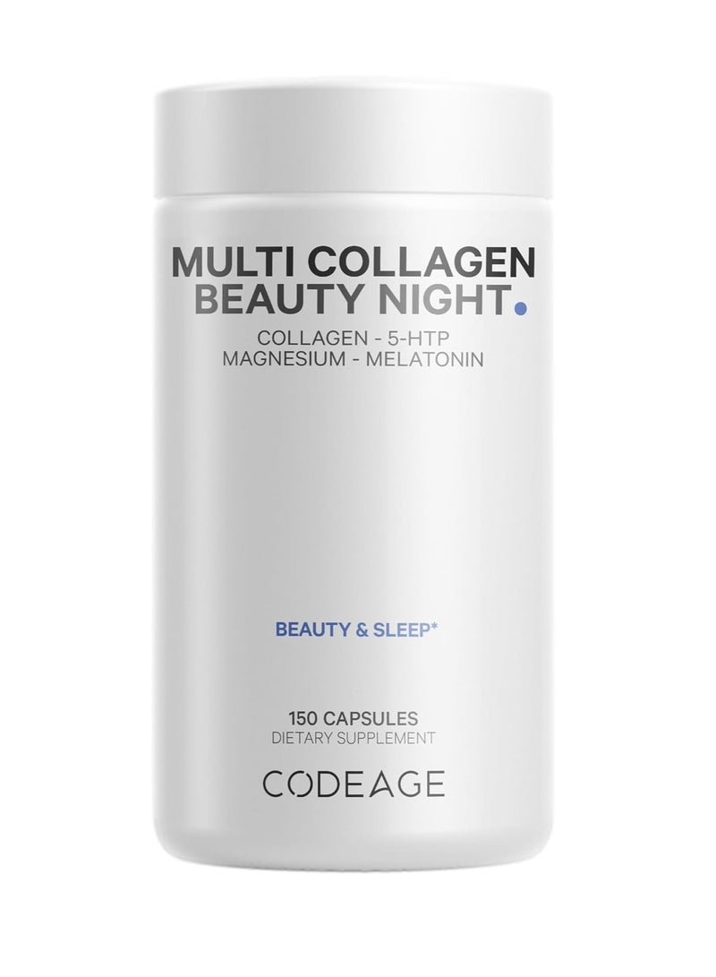 Codeage Multi Collagen Melatonin Magnesium Protein Beauty Night Complex Capsules 5-HTP L-Theanine Supplement Vitamins Hydrolyzed Collagen Pills 150 Count 