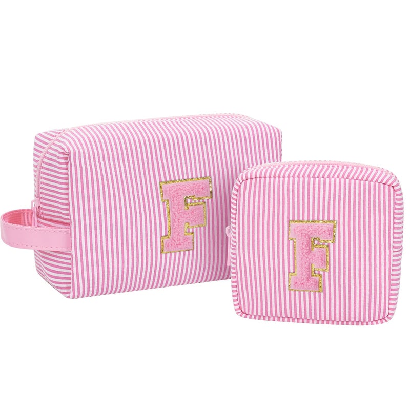 MONSTINA Initial Makeup Bag for WomenPersonalized Make Up Case for 10 11 12 13 14 15 16 17 18 Years Old Teen Girls GiftsCute Toiletry Bag Preppy Chenille Letter PatchPink F - Image 2