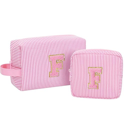 MONSTINA Initial Makeup Bag for WomenPersonalized Make Up Case for 10 11 12 13 14 15 16 17 18 Years Old Teen Girls GiftsCute Toiletry Bag Preppy Chenille Letter PatchPink F - Image 1