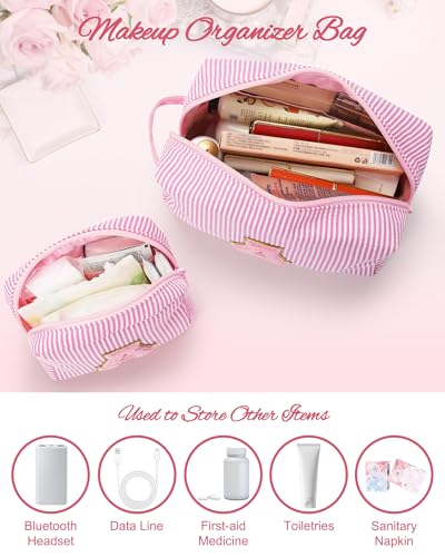 MONSTINA Initial Makeup Bag for WomenPersonalized Make Up Case for 10 11 12 13 14 15 16 17 18 Years Old Teen Girls GiftsCute Toiletry Bag Preppy Chenille Letter PatchPink F - Image 3
