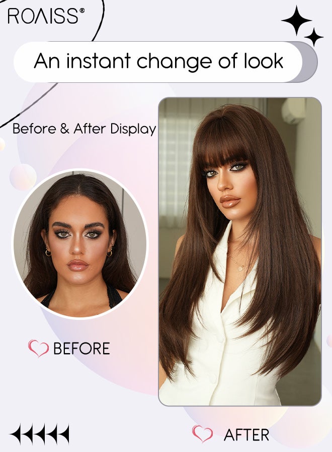 roaiss Long Straight Dark Brown Hair Wig with Bangs for Women Natural Soft Fluffy Synthetic Heat Resistant Wig for Wedding Cosplay Party Daily Use, 64cm (25.2in) - Image 2