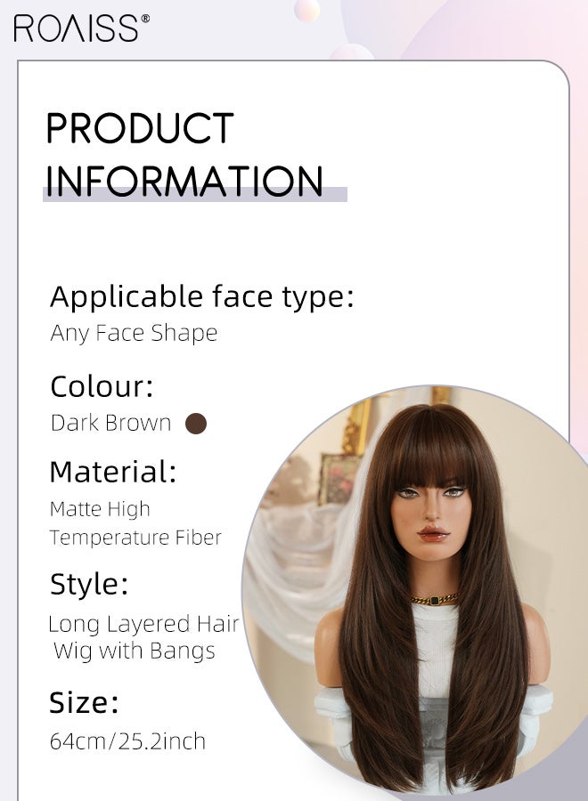 roaiss Long Straight Dark Brown Hair Wig with Bangs for Women Natural Soft Fluffy Synthetic Heat Resistant Wig for Wedding Cosplay Party Daily Use, 64cm (25.2in) - Image 3