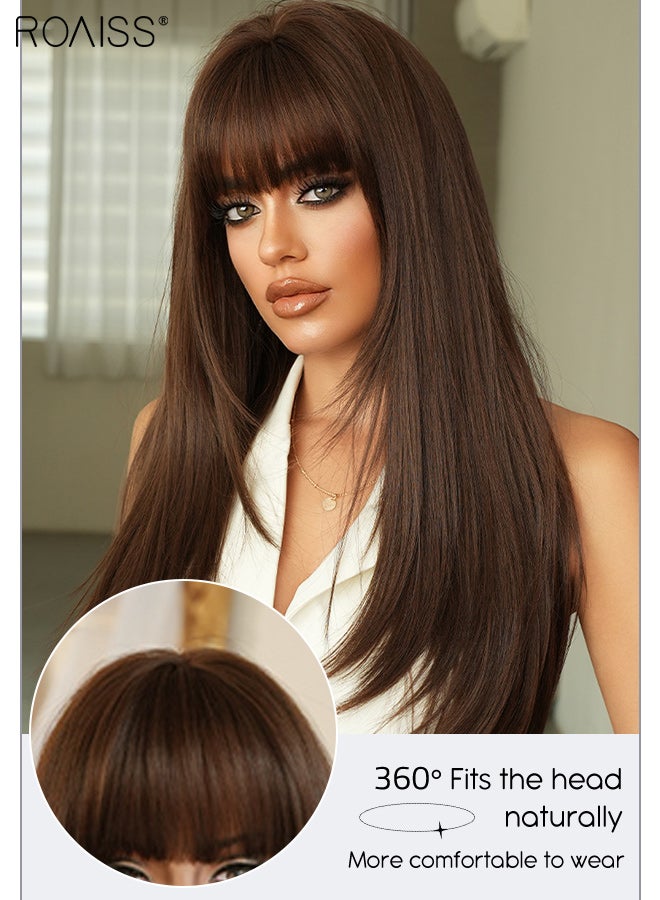 roaiss Long Straight Dark Brown Hair Wig with Bangs for Women Natural Soft Fluffy Synthetic Heat Resistant Wig for Wedding Cosplay Party Daily Use, 64cm (25.2in) - Image 4