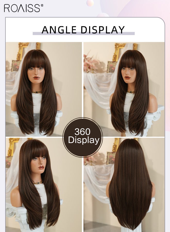 roaiss Long Straight Dark Brown Hair Wig with Bangs for Women Natural Soft Fluffy Synthetic Heat Resistant Wig for Wedding Cosplay Party Daily Use, 64cm (25.2in) - Image 5
