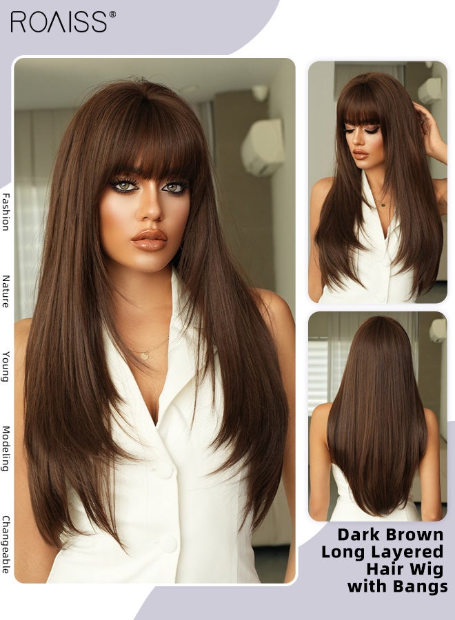 roaiss Long Straight Dark Brown Hair Wig with Bangs for Women Natural Soft Fluffy Synthetic Heat Resistant Wig for Wedding Cosplay Party Daily Use, 64cm (25.2in) - Image 1