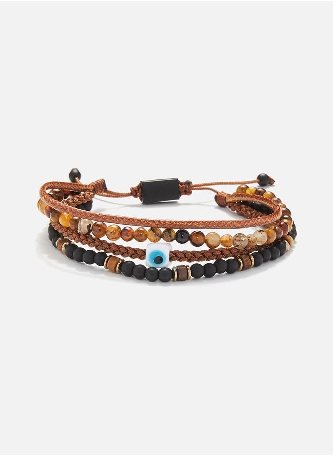 CHRYSOSTOMOS Handmade Multiline Adjustable Bracelet for Men with Natural Brown, Black Onyx and Tigerâ€™s Eye Ring - Image 1