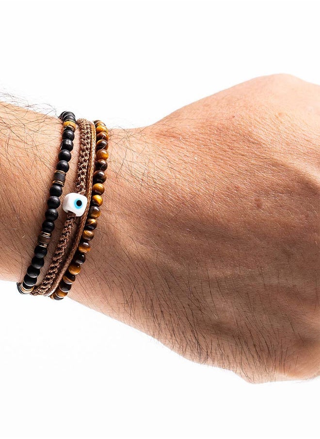 CHRYSOSTOMOS Handmade Multiline Adjustable Bracelet for Men with Natural Brown, Black Onyx and Tigerâ€™s Eye Ring - Image 3