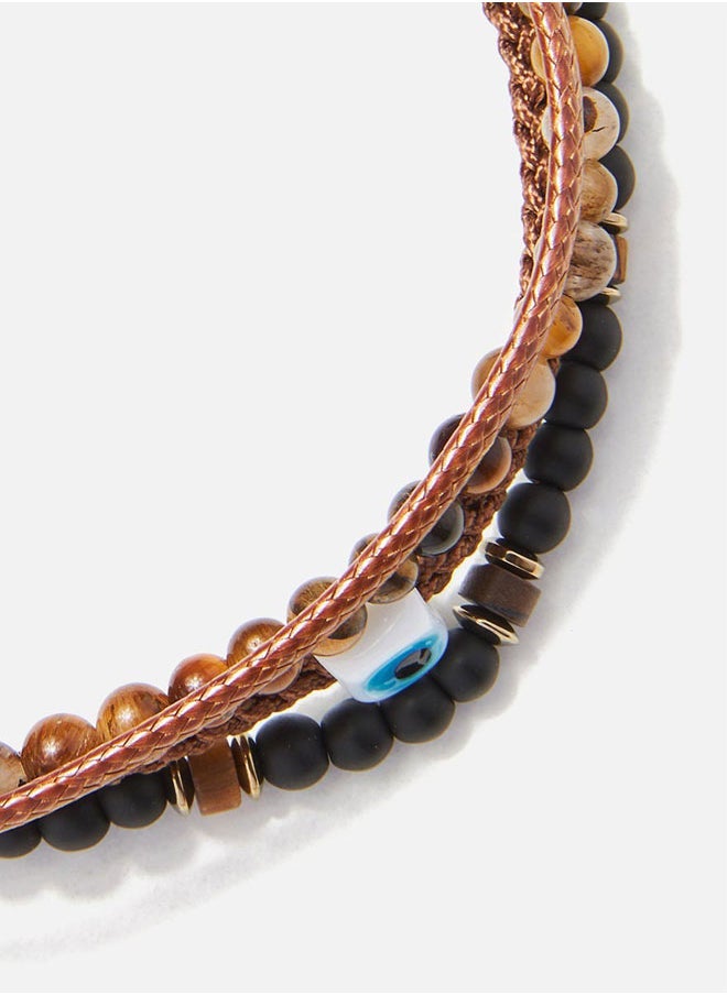 CHRYSOSTOMOS Handmade Multiline Adjustable Bracelet for Men with Natural Brown, Black Onyx and Tigerâ€™s Eye Ring - Image 2
