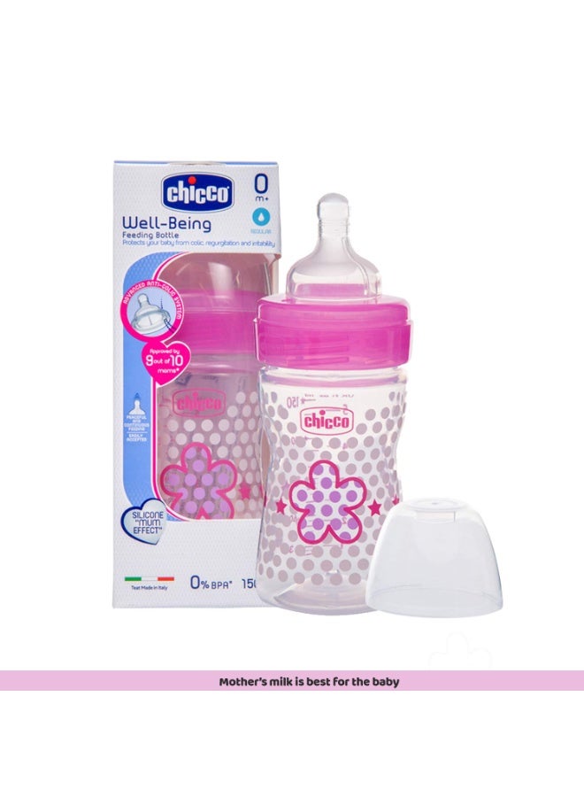 Chicco Wellbeing 150 ml Feeding Bottle, Advanced Anti-Colic System, Soft & Hygienic Silicone Teat, BPA Free (Pink) - Image 2