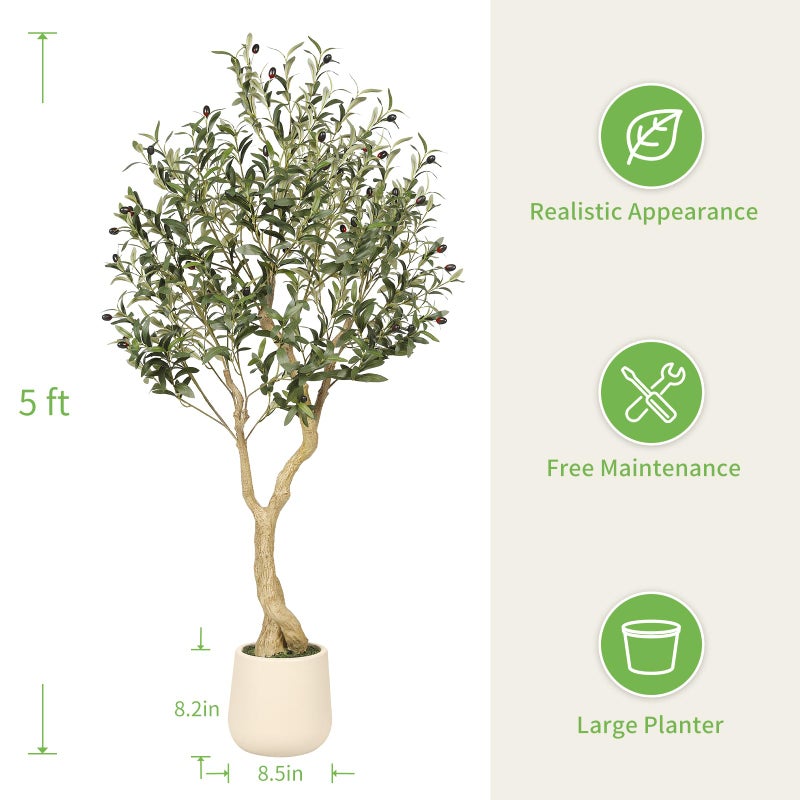 Realead Olive Trees Artificial Indoor - 5FT Faux Olive Tree with White Tall Exquisite Planter - Realistic Fake Olive Tree with Thick Trunk and Lifelike Branches for Home Office Decor - Image 3