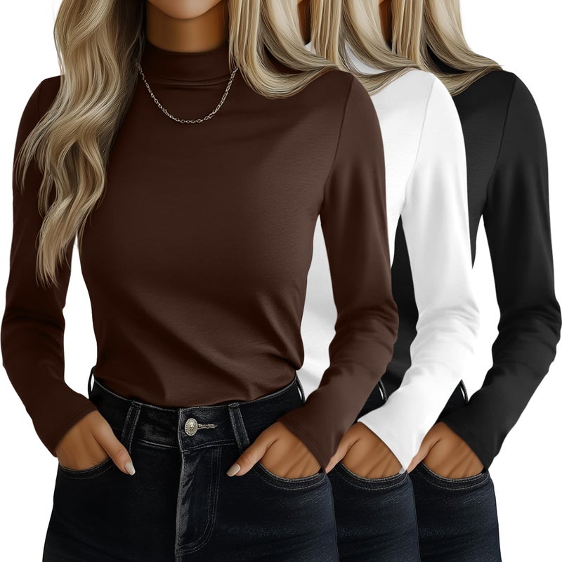 Ficerd 3 Pack Womens Mock Turtleneck Shirts Long Sleeve Mock Neck Pullover Tops Slim Fitted Stretch Undershirt Tee BlouseBlack White BrownSmall - Image 2