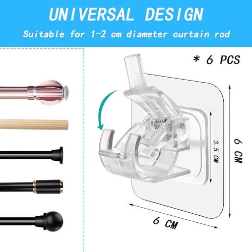 Gozaqe Plastic Self Adhesive Curtain Rod Holder - 6 PCS Without Drilling, Nail Free Adjustable Hooks for Home Bathroom and Hotel (Transparent) - Image 2