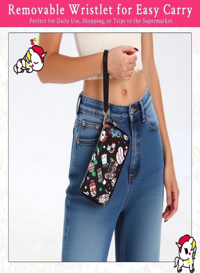Tokidoki Leather Wallets for Women Clutch Handbags Large Capacity Purse Credit Card Holder Cash Pocket with Grip Hand Strap Long (Black2) - Image 3