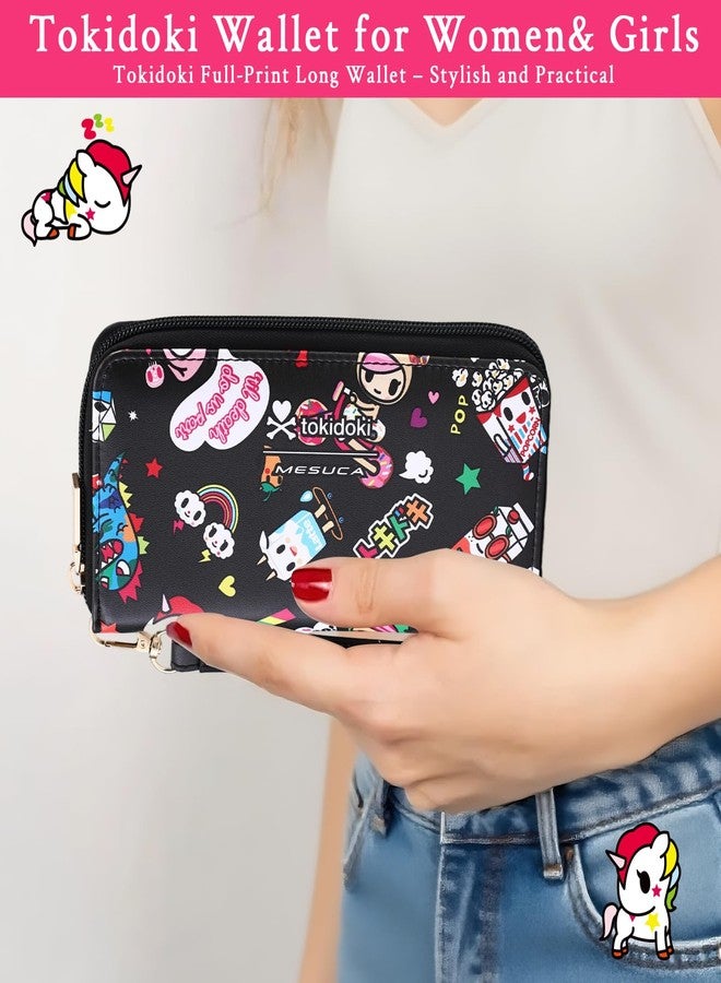 Tokidoki Leather Wallets for Women Clutch Handbags Large Capacity Purse Credit Card Holder Cash Pocket with Grip Hand Strap Long (Black2) - Image 4