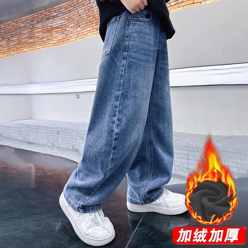 Children'S Clothing Boys' Jeans Long Pants Medium And Large Children Solid Color Sports Wide-Leg Pants Fleece-Lined Straight Pants Fleece-Lined Warm - Image 1